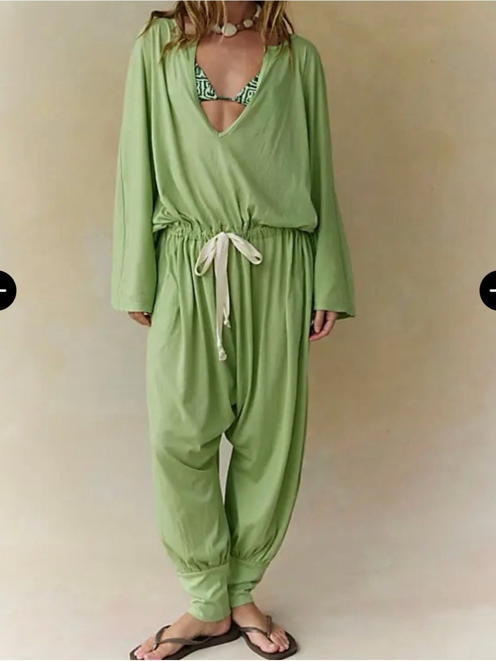 Free People Light Green V-Neck Drawstring Jumpsuit